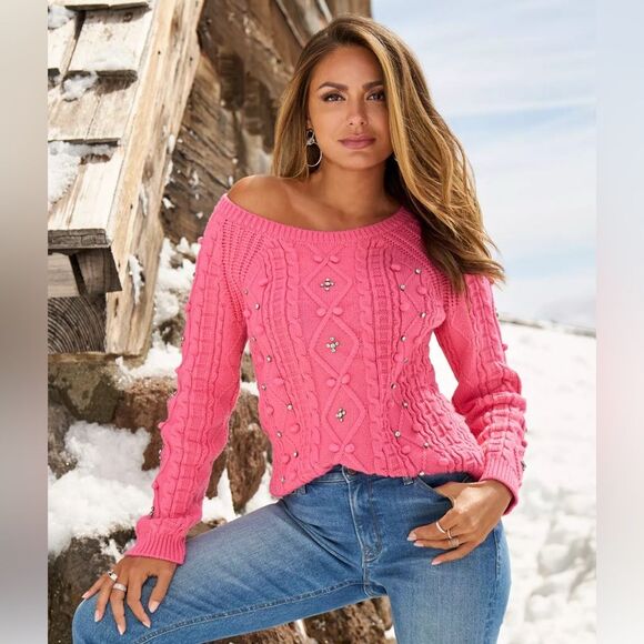 Boston Proper Embellished Cable Pullover Sweater Pink Carnation Size XL - Picture 1 of 8